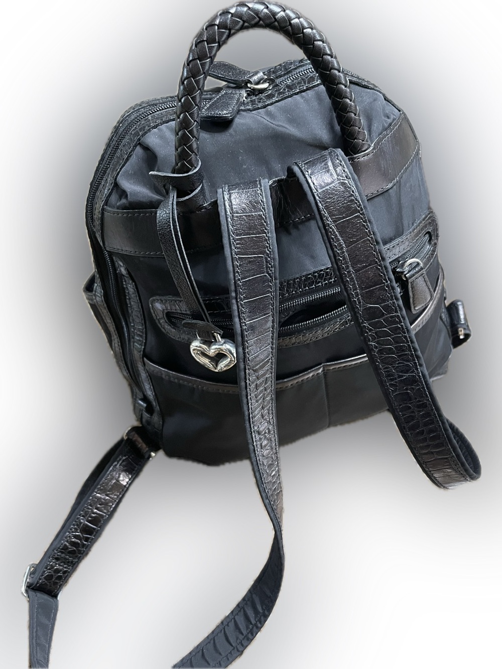 Brighton Black Nylon and Croc Textured Leather Charm Backpack with Many Pockets